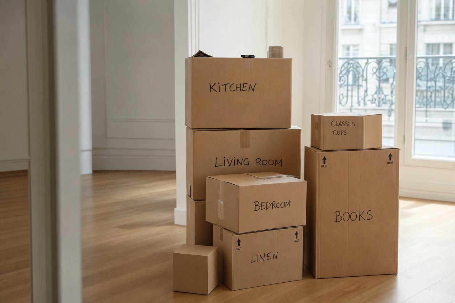 Cartons de déménagement étiquetés et préparés