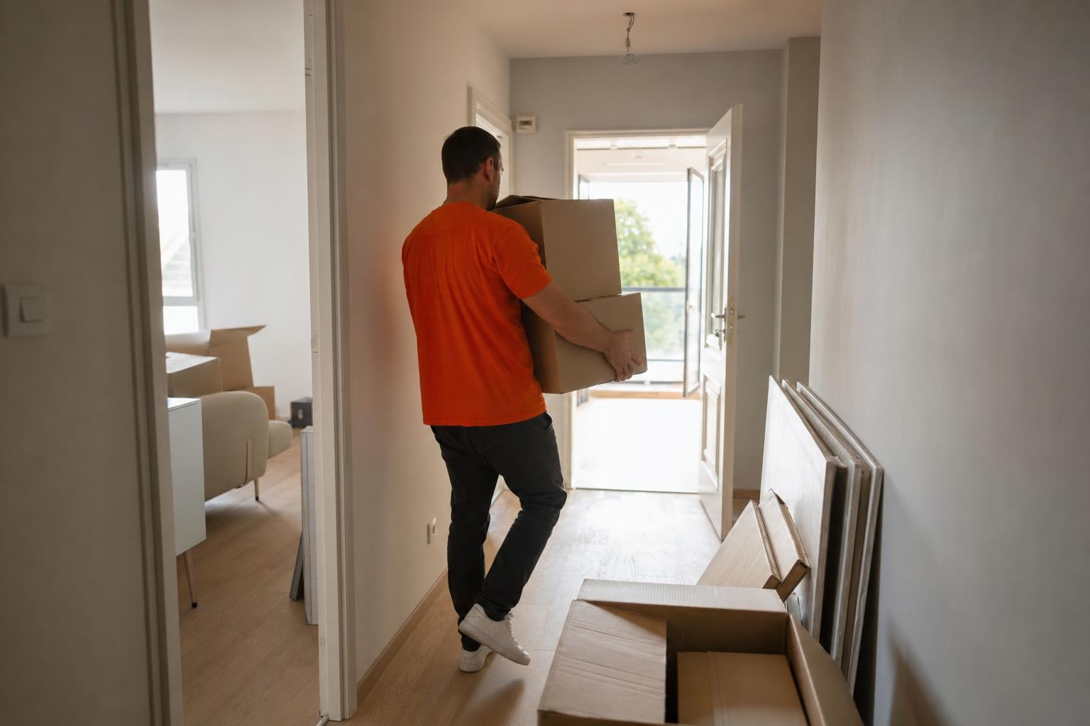 Déménageur évacuant des cartons et du mobilier lors d'un débarras d'appartement