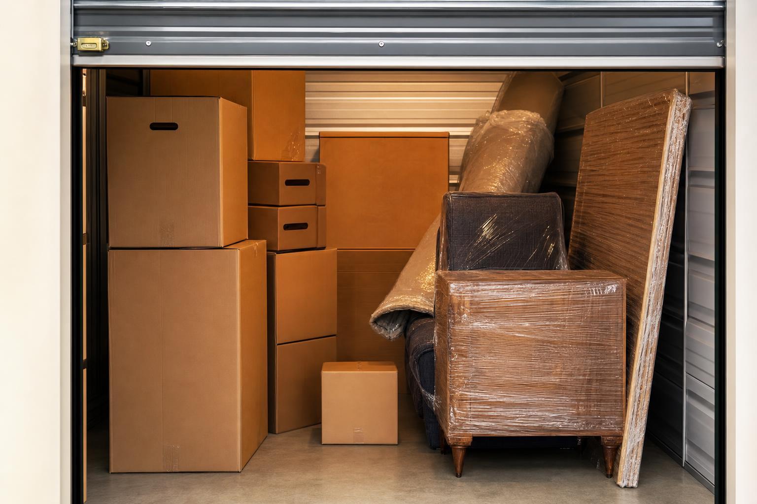 Box de garde-meuble avec cartons et mobilier stockés et protégés